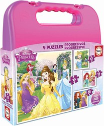 Educa- Princesas Disney Maleta Puzzles Progresivos, infantil de 12,16,20 y 25 piezas