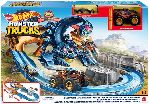 Hot Wheels Monster Trucks Escorpión súper impulso, pistas de coches