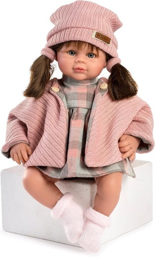 Carlota doll, brunette with 2 tails, checked dress and jacket, 38cm - Guca