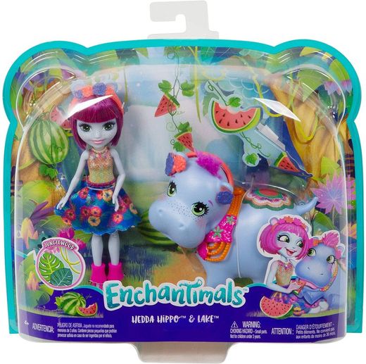Enchantimals Vamos al lago, muñeca Hedda Hippo con mascota y accesorios