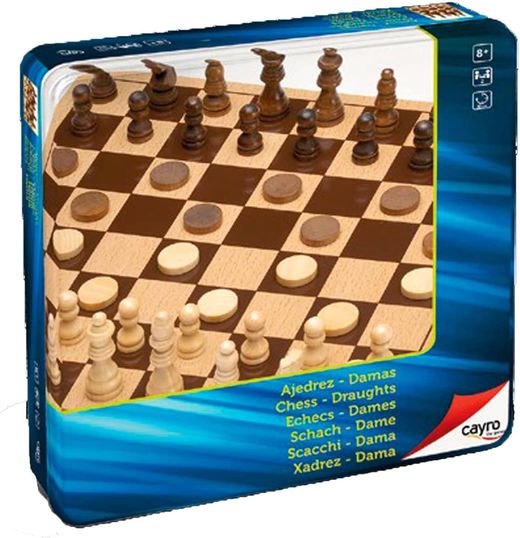 Juego De Mesa - Ajedrez Damas Madera - Caja Metal - Cayro
