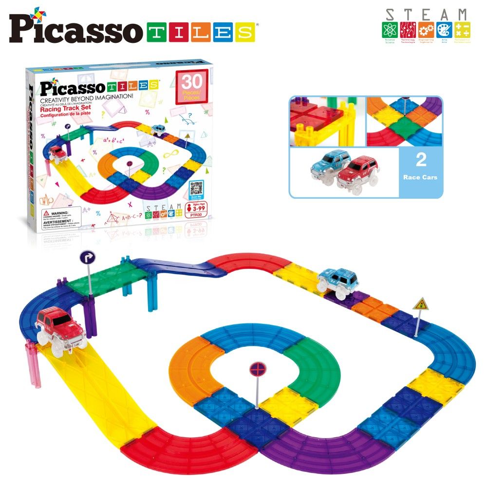 Picasso Tiles Pista de Carreras Magnética 30 Piezas + 2 Coches