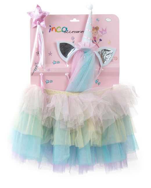 Set Tutú Multicolor, Varita Estrella Rosa, Diadema Cuerno Unicornio - Inca