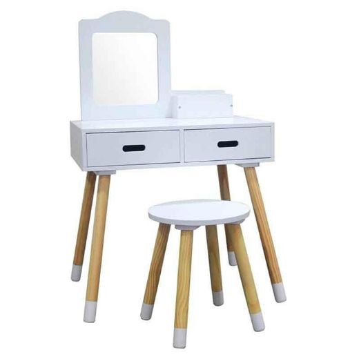 Toletta in legno con sgabello, bianco perla