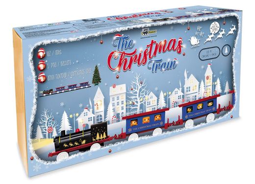 Weihnachtszug, elektrische Eisenbahn mit Lichtern und Weihnachtsbaum